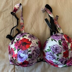 Victoria's Secret White Floral Push-Up Bra with Red & Purple Flowers